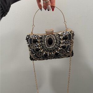Elegant Black and Gold Embellished Clutch multi-way chain strap